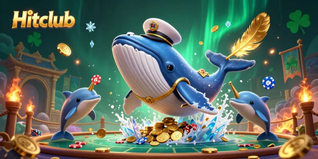 Hitclub promotes an exciting underwater casino adventure with a whimsical whale, narwhal, and dolphins.