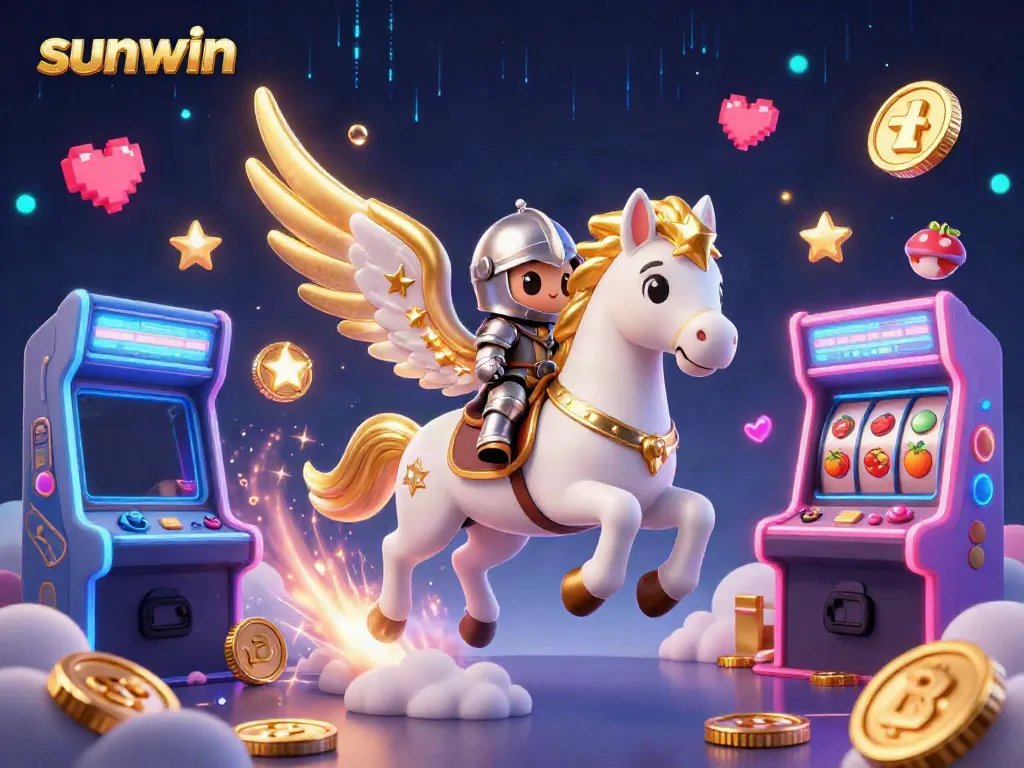 Experience the thrill of sunwin's vibrant casino games with a knight and a celestial horse in a dynamic 3D illustration.