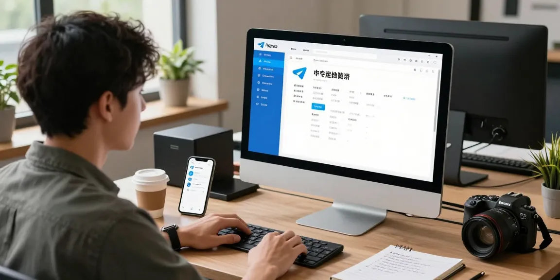 Customizing the Telegram Chinese Version interface in a modern tech workspace with laptop and smartphone, showcasing user engagement.