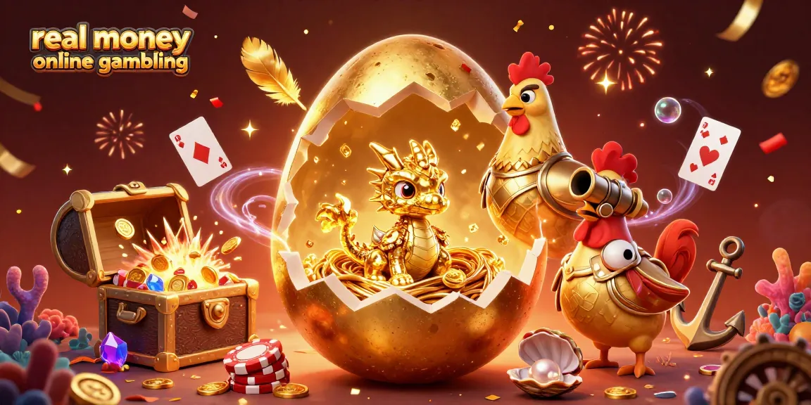 Experience the excitement of real money online gambling with a golden dragon surrounded by festive casino elements.