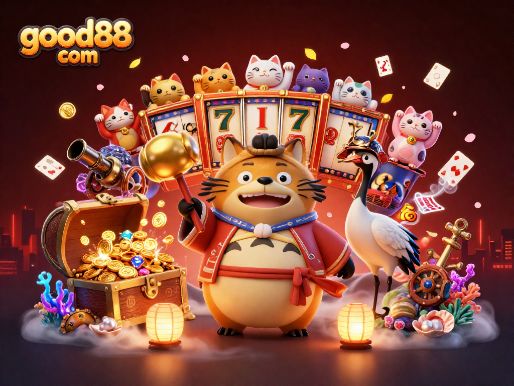 Experience thrilling wins with good88 com featuring vibrant characters in an exciting casino scene.