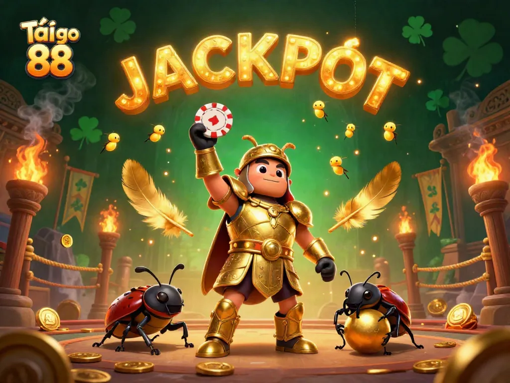Experience the excitement of Tải go 88 with a vibrant illustration showcasing a victorious beetle and dynamic casino elements.