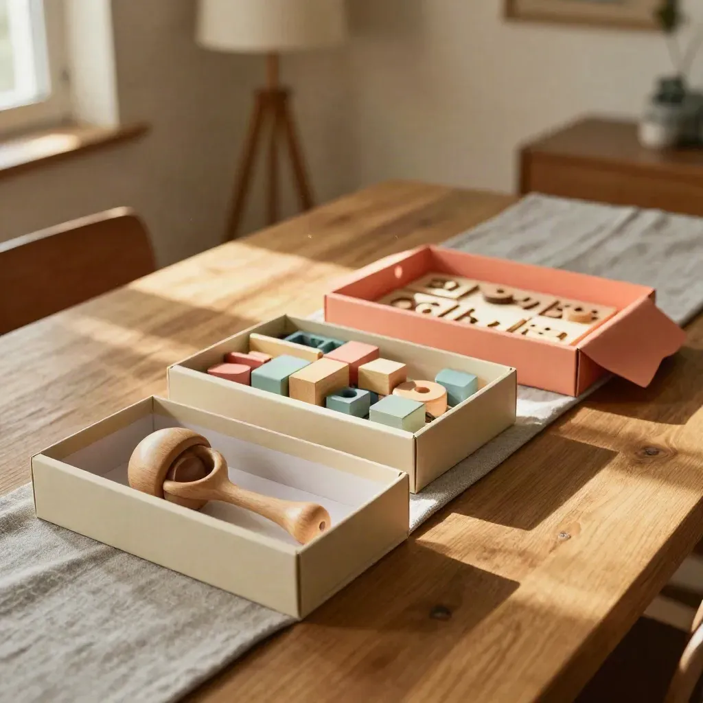 Drie leeftijdscadeaus in open dozen op een houten tafel met warm middaglicht.
