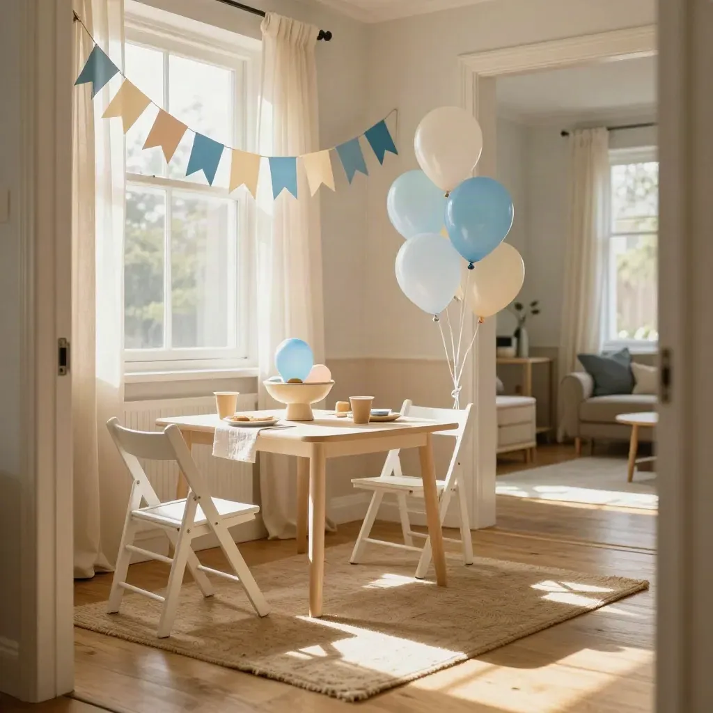Woonkamerhoek wordt klaargemaakt voor een kinderfeestje met stoelen, slingers, ballonnen en een gedekte tafel.