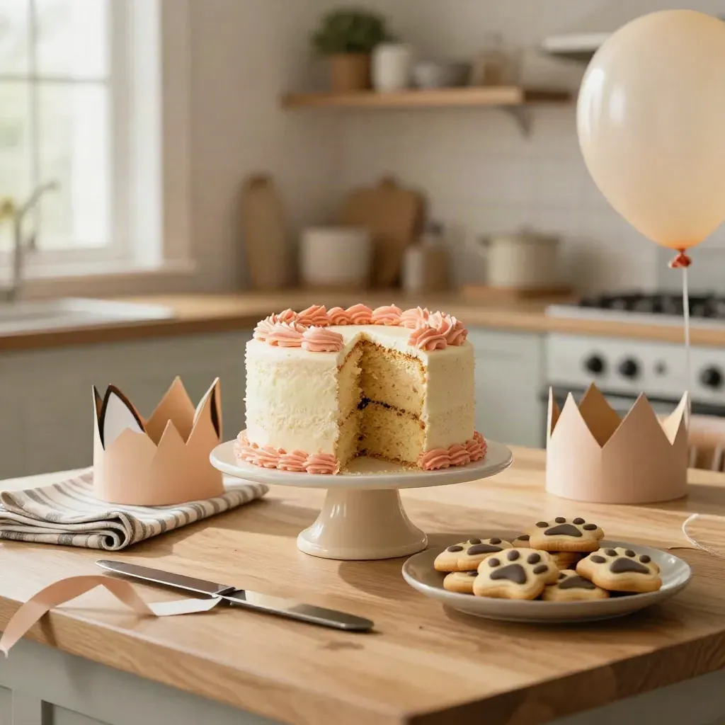 Kleurige zesde verjaardagstafel met taart, kroontje, koekjes, vlaggetjes en ballon in warme keukenlicht.
