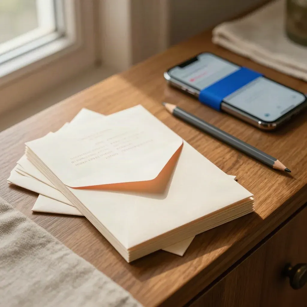 Uitnodigingskaarten, enveloppen en een telefoon op een warme houten sidetable in zacht middaglicht.