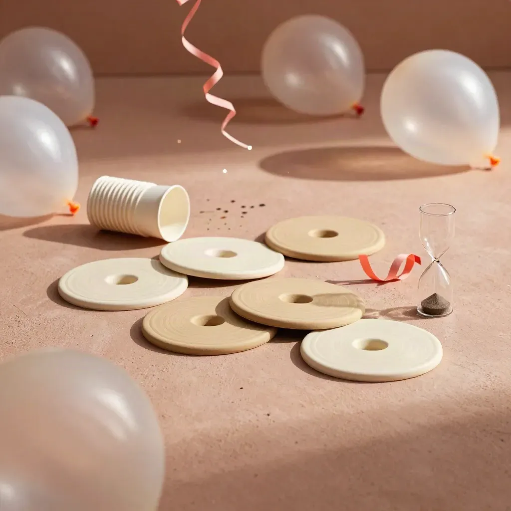Feestspellen op de vloer met bekers, ringen, ballonnen en een zandloper in zacht licht.