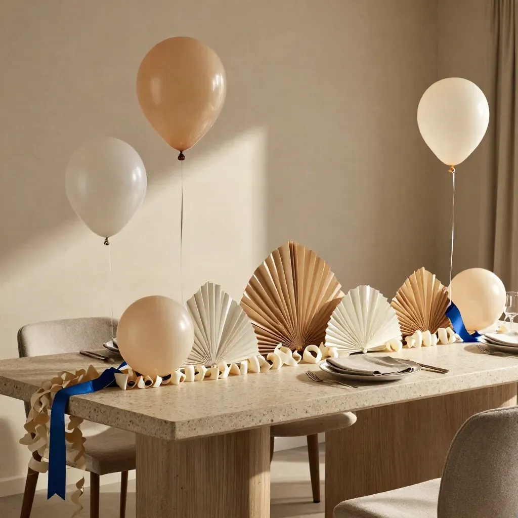 Neutrale feestdecoratie met slingers, ballonnen en waaierdeco op een lange tafel.