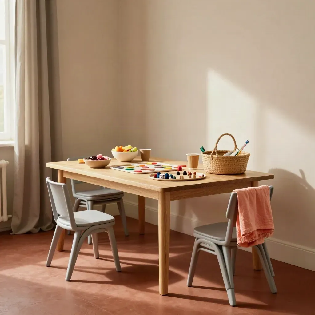 Feestkamer met lage tafel, stoelen, snacks en spelmaterialen in warm licht.