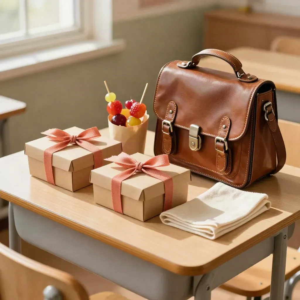 Traktatieset voor school met fruitspiesjes, doosjes en een oud schooltasje op een kinderbureau.