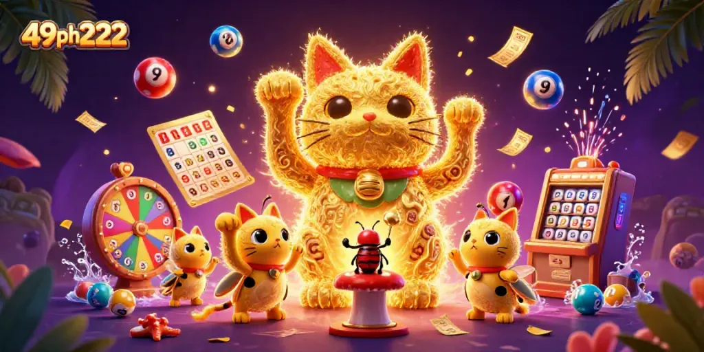 Engage with 49ph222's vibrant 3D illustration of a lucky cat and casino symbols.