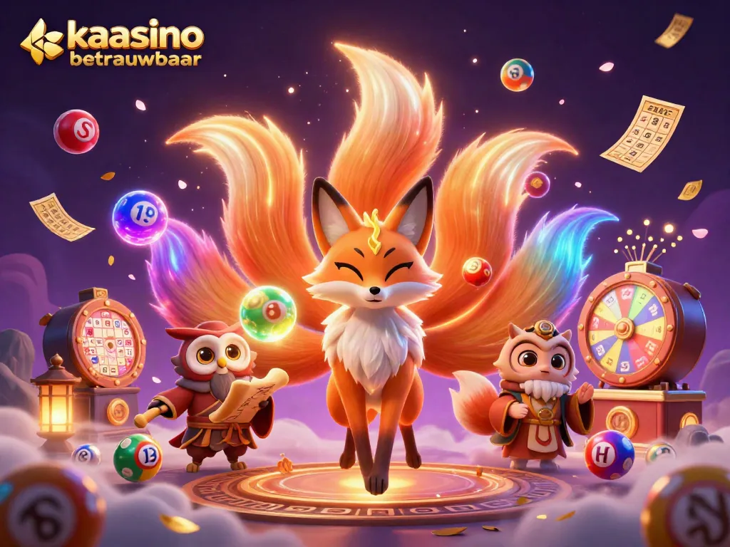 Kaasino betrouwbaar showcases vibrant casino elements with a glowing fox and wise owl in an energetic scene.