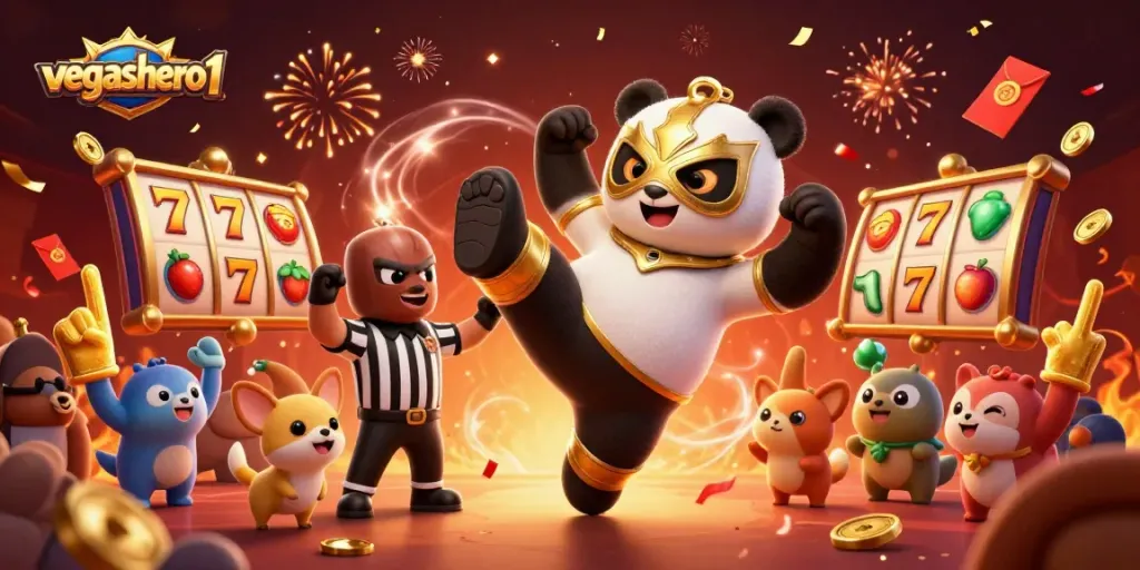 Engaging scene from vegashero 1 featuring a wrestler panda in action and vibrant casino elements.