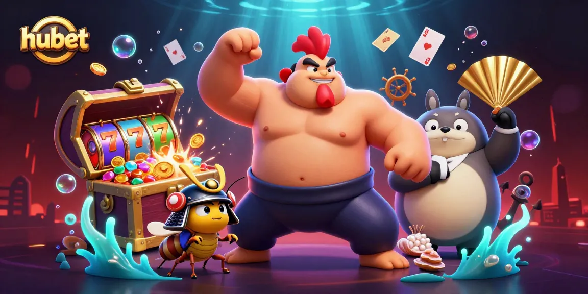 Experience thrilling action with hubet in this vibrant 3D casino illustration showcasing a dynamic sumo wrestler and samurai cricket.