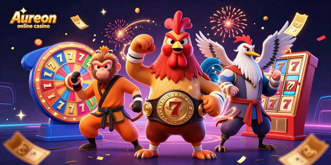 Aureon online casino features vibrant 3D characters celebrating jackpots and bonuses in a lively scene.
